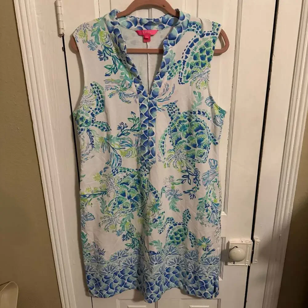 Sleeveless Blue & White Printed Shift Dress - Picture 2 of 9